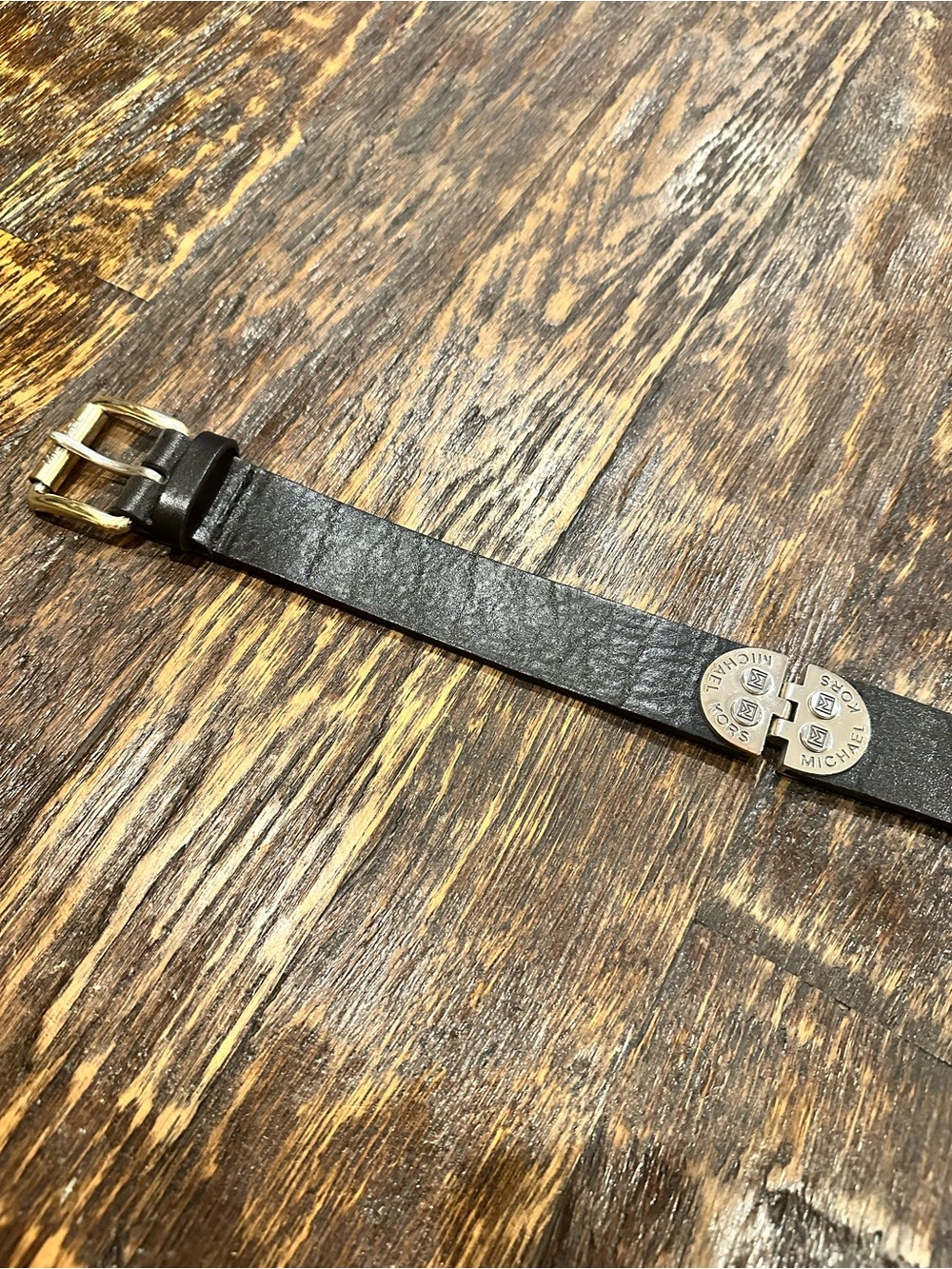 MICHAEL Michael Kors Black Leather Belt with Silver Buckle and Logo Medallion